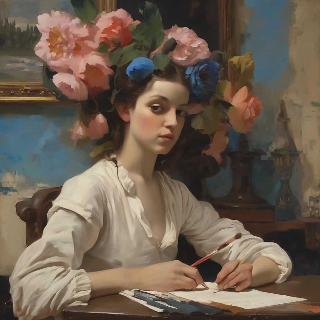 Ομορφη κοπέλα με λουλούδια στο κεφάλι και καμβά, ζωγραφική και κοινωνικό μήνυμα στην τέχνη της φωτογραφίας.